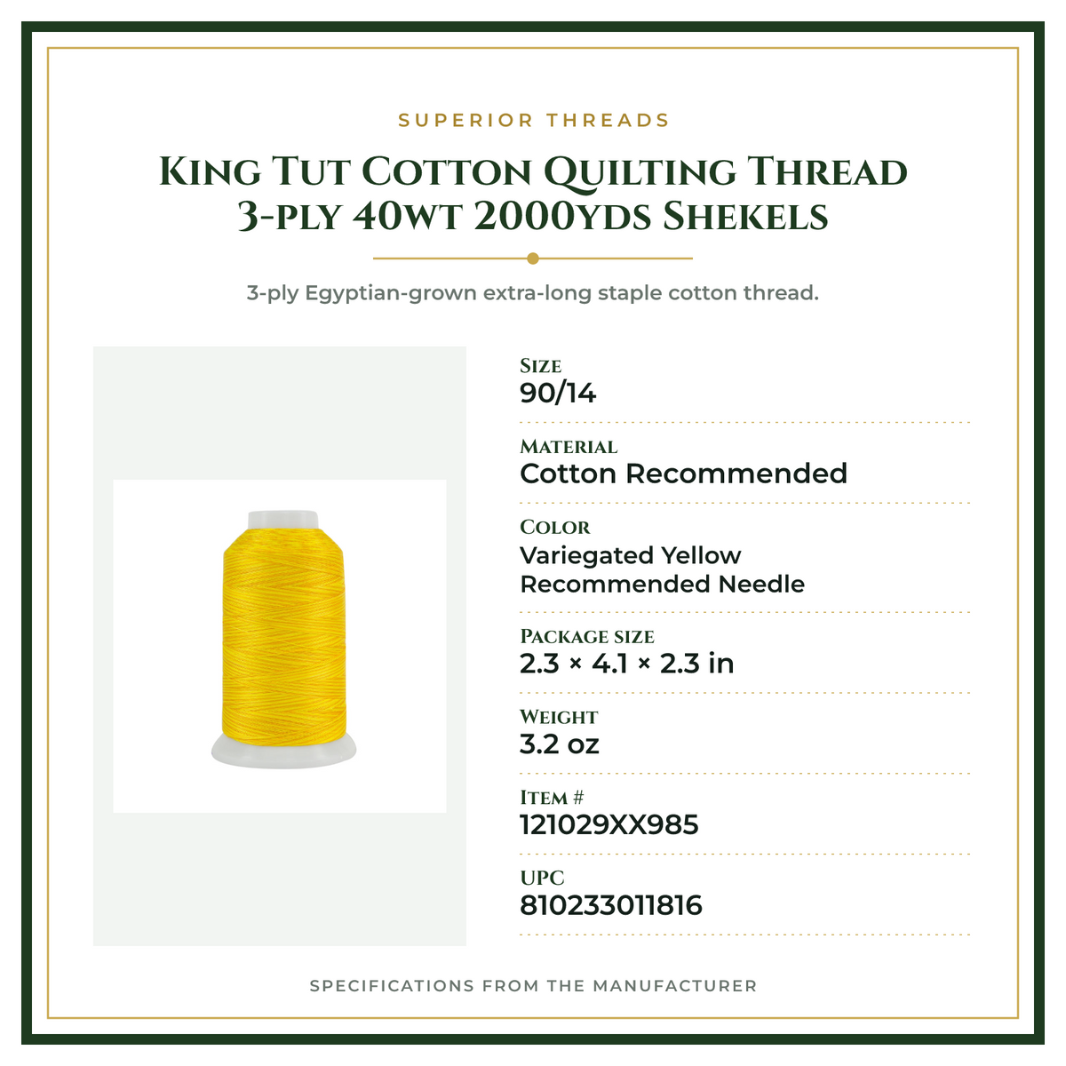 Product Specifications – King Tut Cotton Quilting Thread 3-ply 40wt 2000yds Shekels