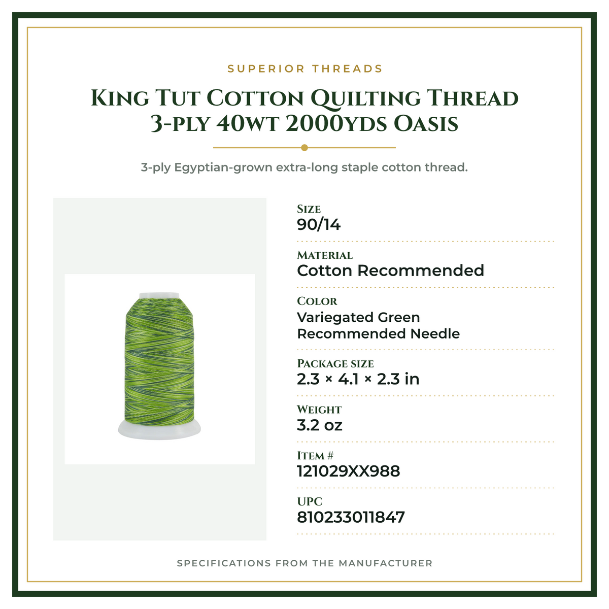 Product Specifications – King Tut Cotton Quilting Thread 3-ply 40wt 2000yds Oasis
