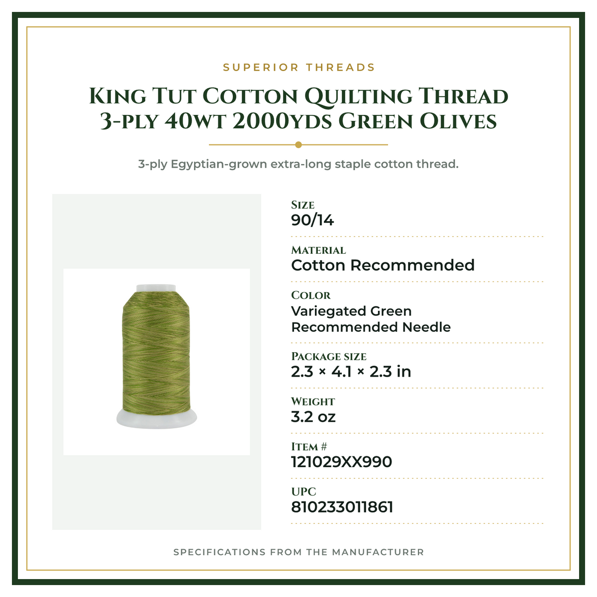 Product Specifications – King Tut Cotton Quilting Thread 3-ply 40wt 2000yds Green Olives