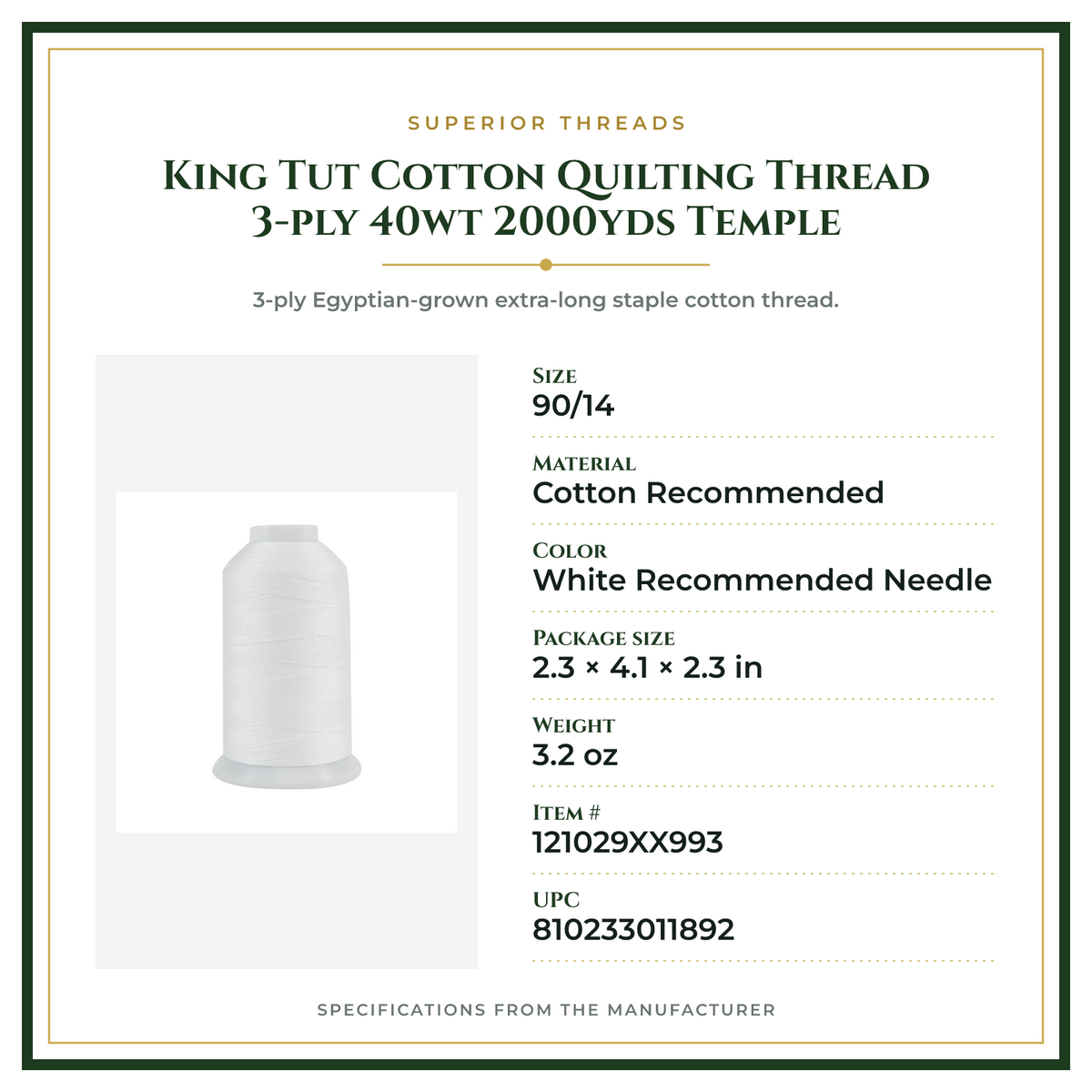 Product Specifications – King Tut Cotton Quilting Thread 3-ply 40wt 2000yds Temple