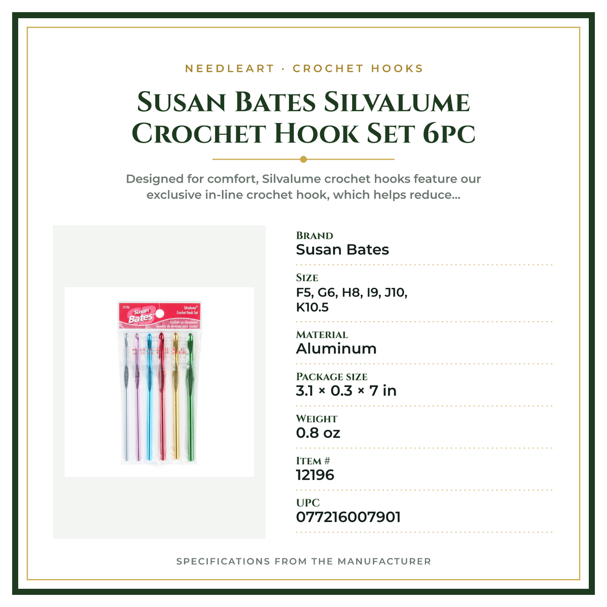 Product Specifications – Susan Bates Silvalume Crochet Hook Set 6pc