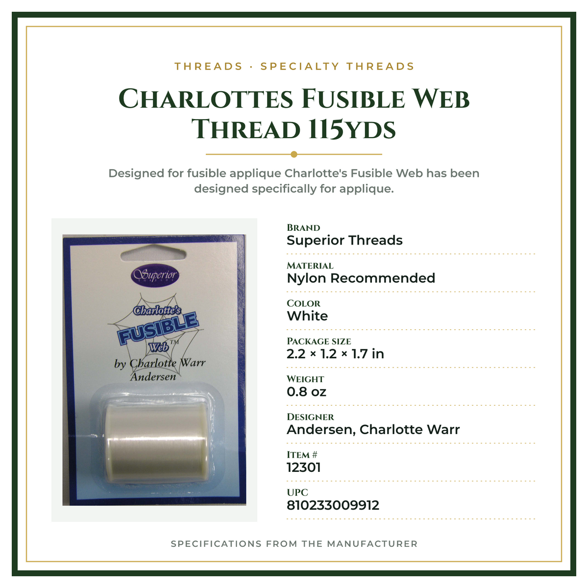 Product Specifications – Charlottes Fusible Web Thread 115yds