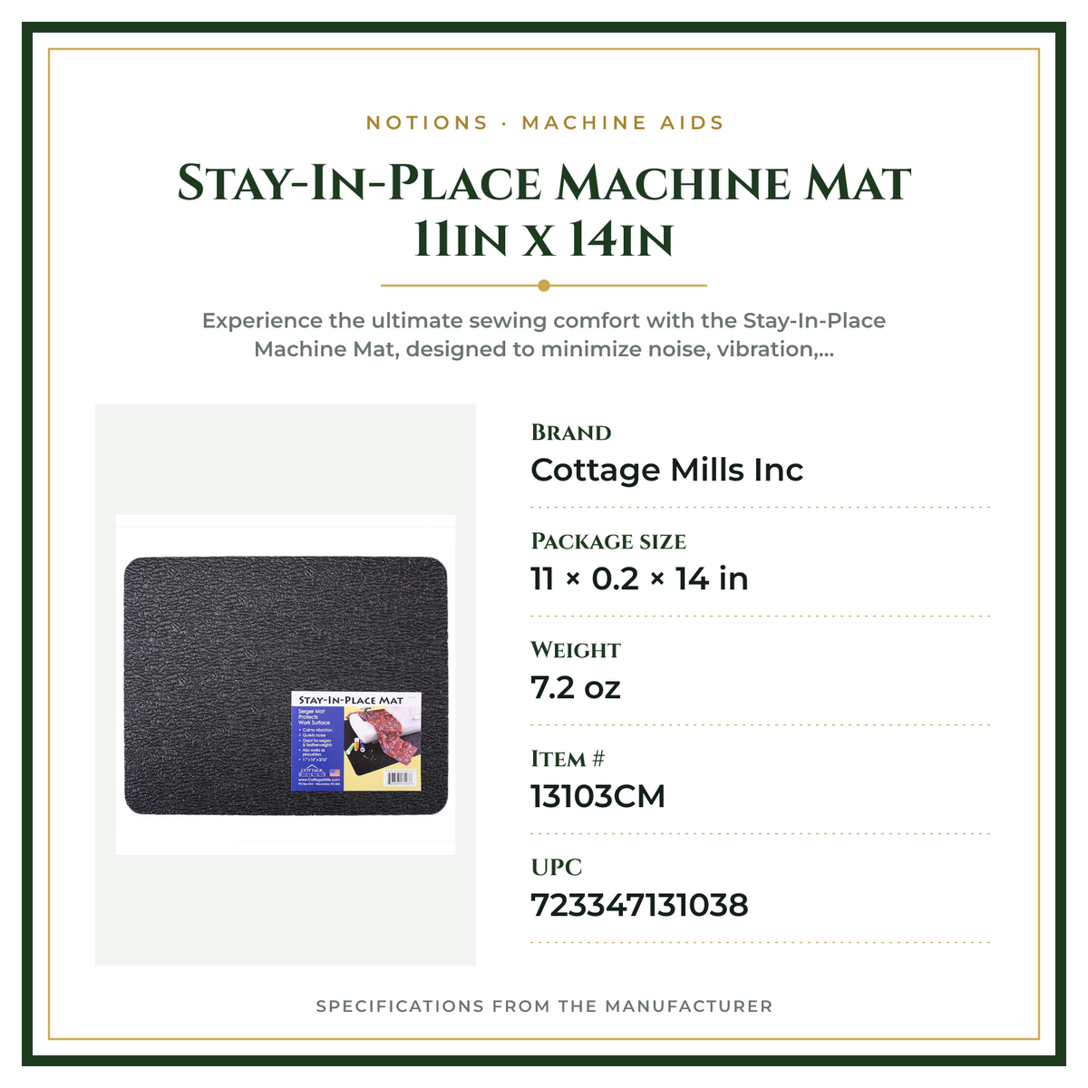 Product Specifications – Stay-In-Place Machine Mat 11in x 14in