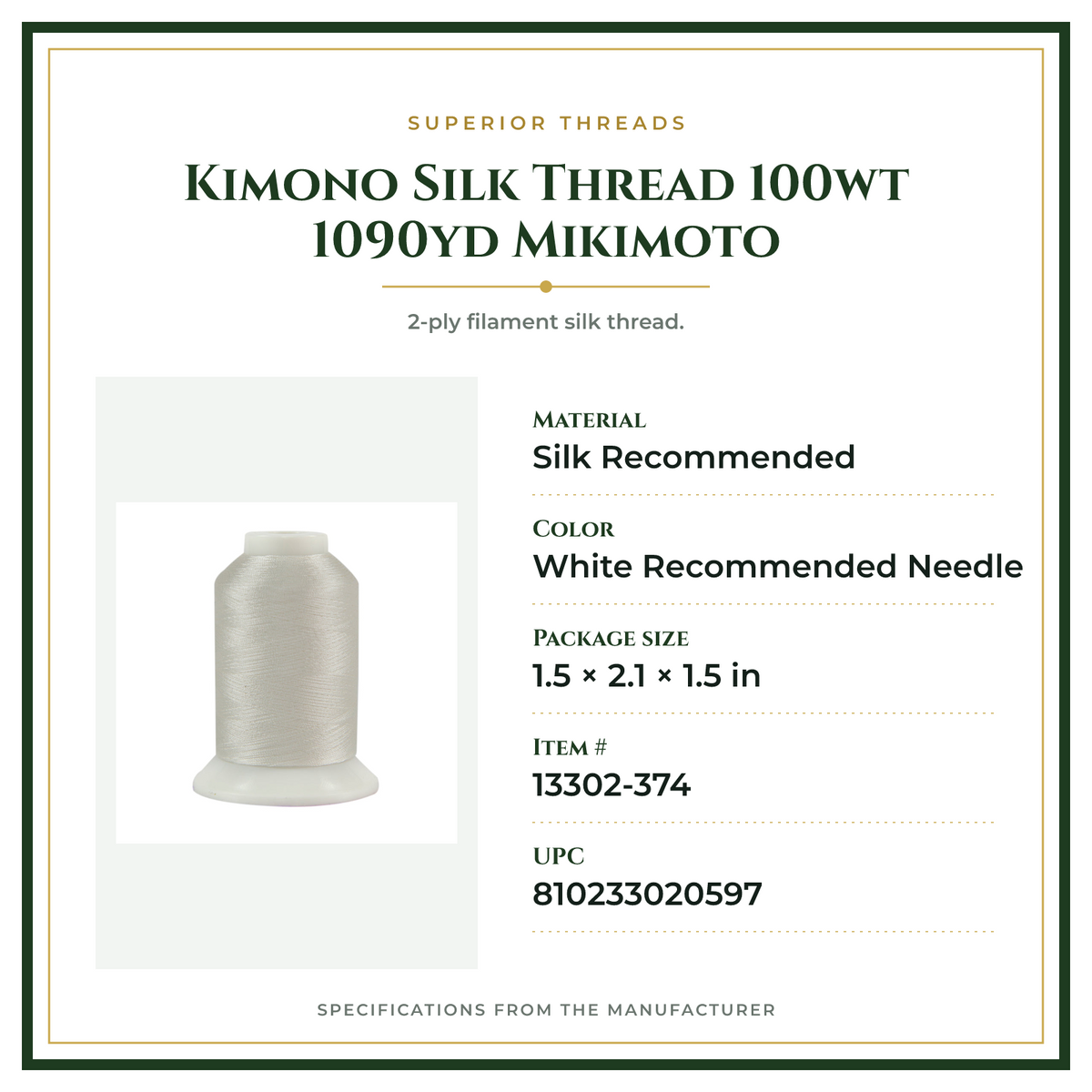 Product Specifications – Kimono Silk Thread 100wt 1090yd Mikimoto
