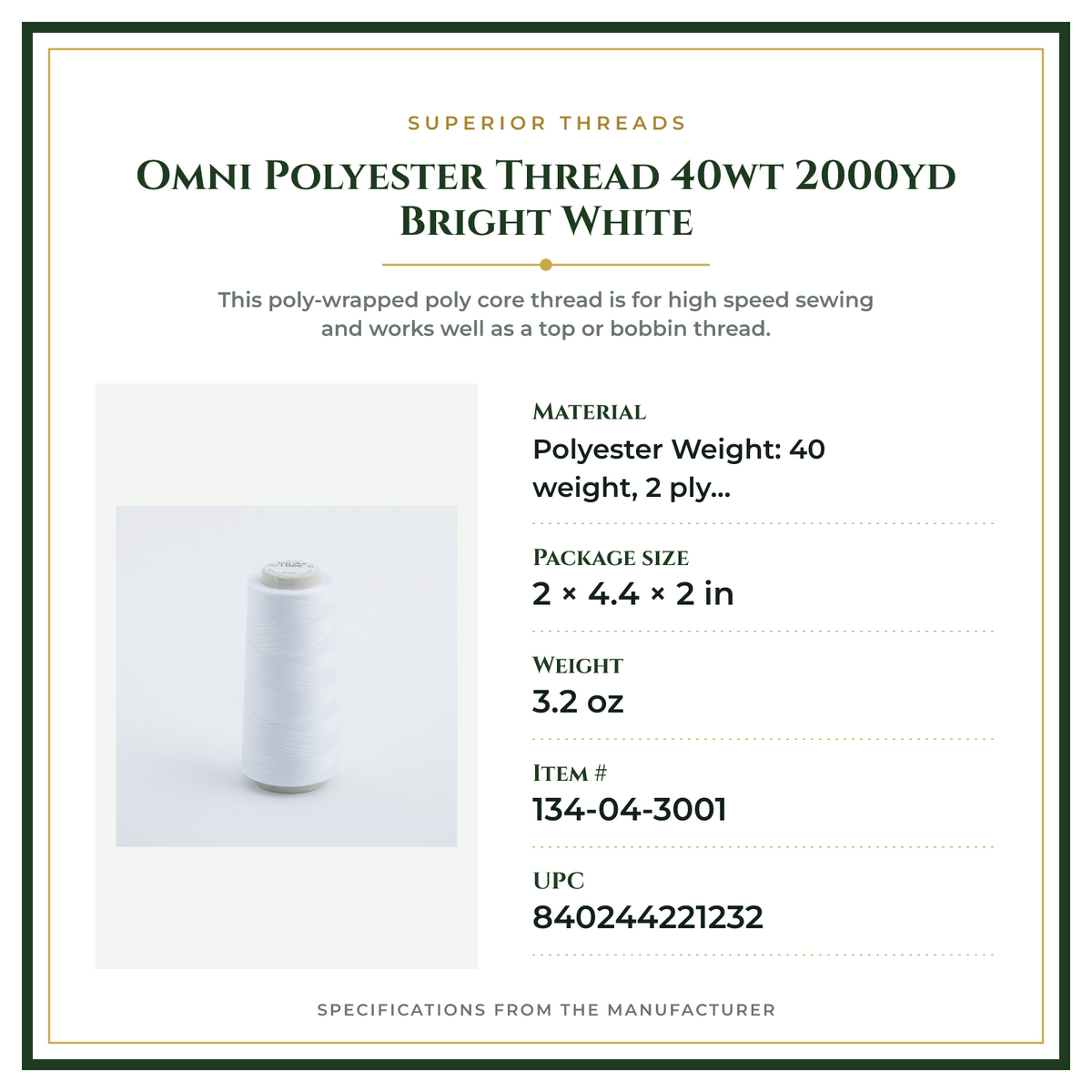 Product Specifications – Omni Polyester Thread 40wt 2000yd Bright White