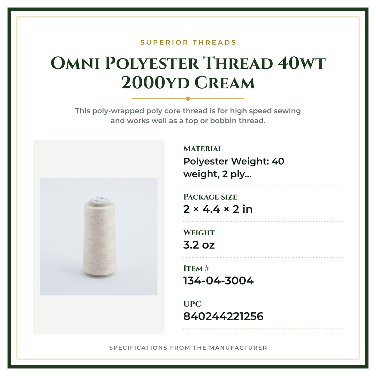 Product Specifications – Omni Polyester Thread 40wt 2000yd Cream