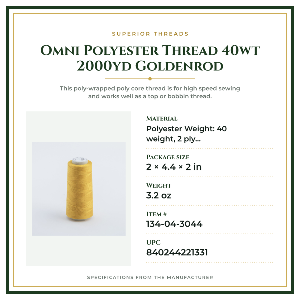 Product Specifications – Omni Polyester Thread 40wt 2000yd Goldenrod