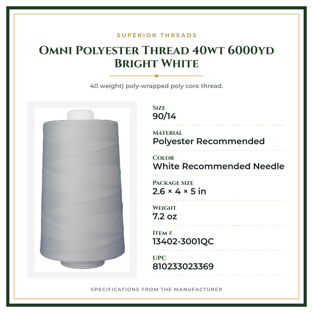 Product Specifications – Omni Polyester Thread 40wt 6000yd Bright White