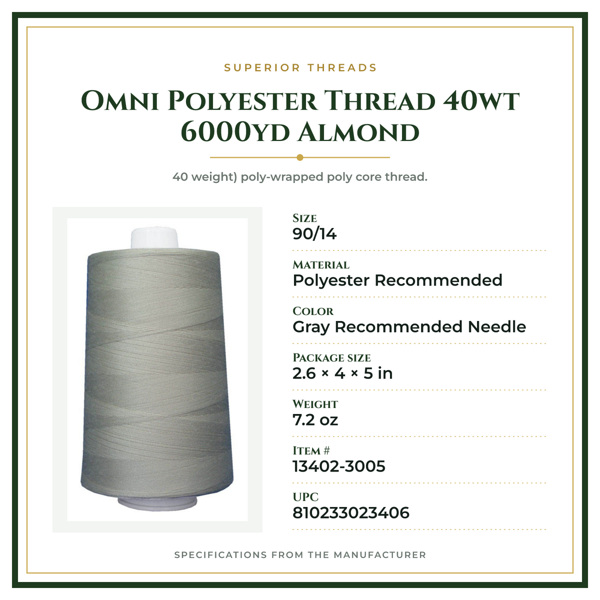 Product Specifications – Omni Polyester Thread 40wt 6000yd Almond