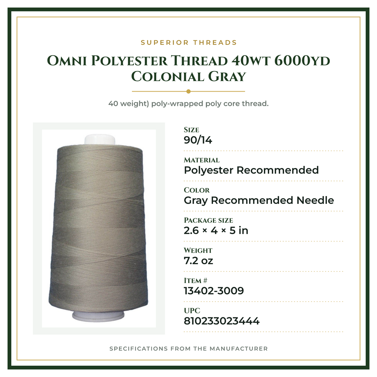 Product Specifications – Omni Polyester Thread 40wt 6000yd Colonial Gray