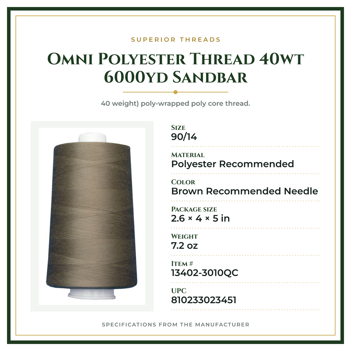Product Specifications – Omni Polyester Thread 40wt 6000yd Sandbar