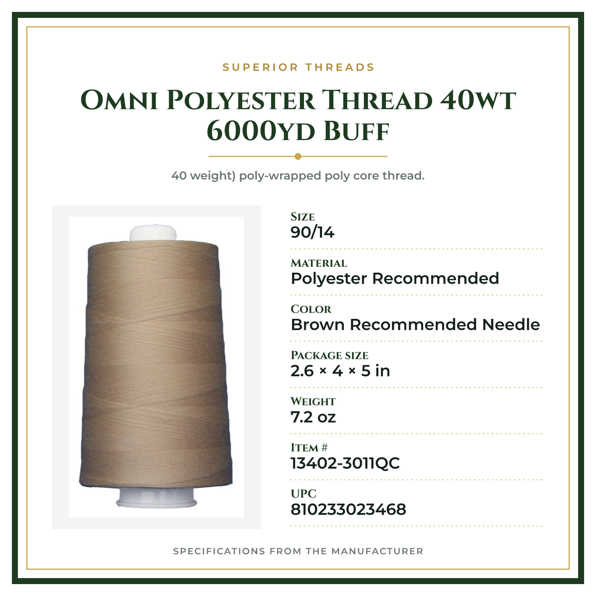 Product Specifications – Omni Polyester Thread 40wt 6000yd Buff