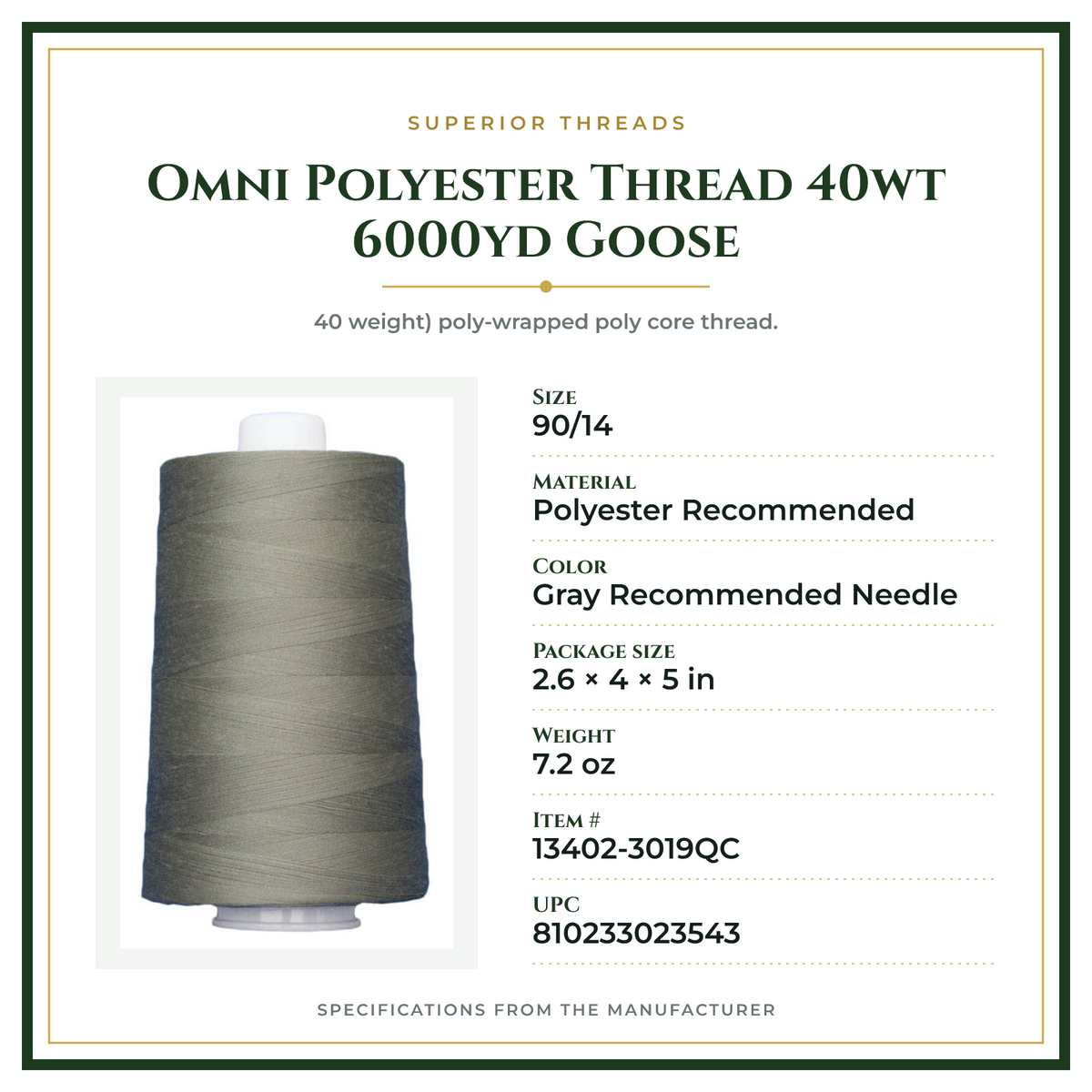 Product Specifications – Omni Polyester Thread 40wt 6000yd Goose