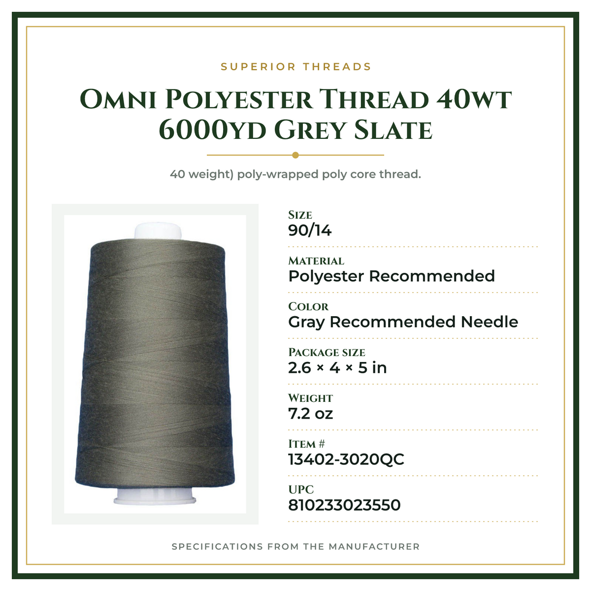 Product Specifications – Omni Polyester Thread 40wt 6000yd Grey Slate