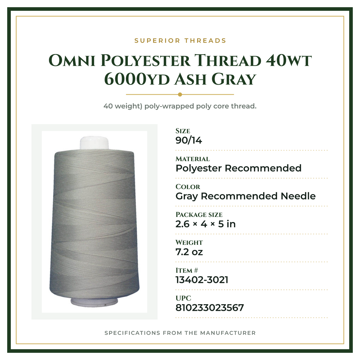 Product Specifications – Omni Polyester Thread 40wt 6000yd Ash Gray