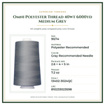 Product Specifications – Omni Polyester Thread 40wt 6000yd Medium Grey