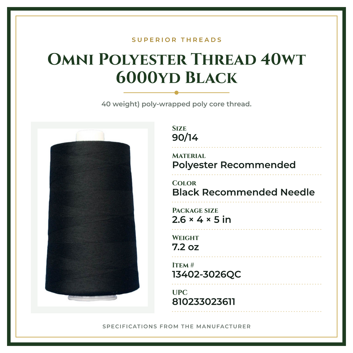 Product Specifications – Omni Polyester Thread 40wt 6000yd Black