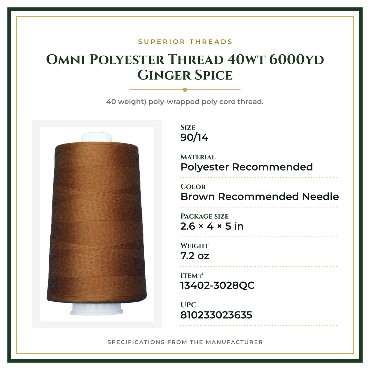 Product Specifications – Omni Polyester Thread 40wt 6000yd Ginger Spice