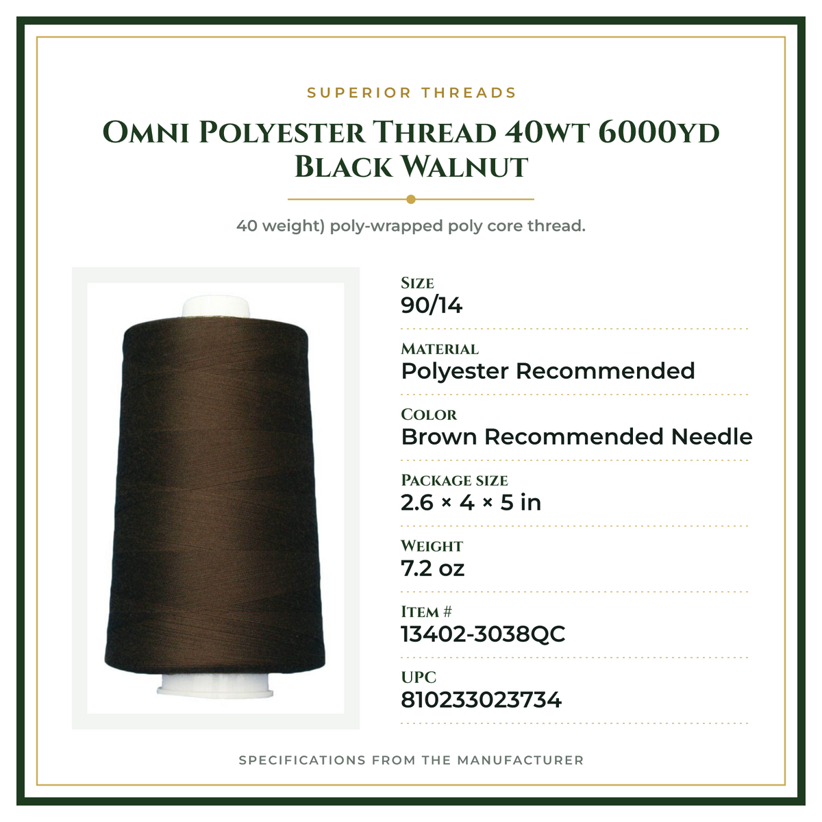 Product Specifications – Omni Polyester Thread 40wt 6000yd Black Walnut