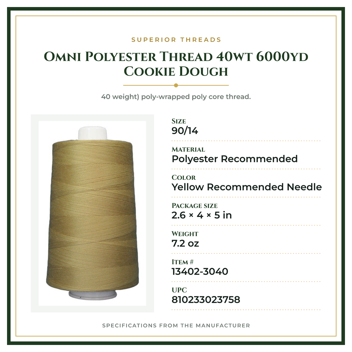Product Specifications – Omni Polyester Thread 40wt 6000yd Cookie Dough