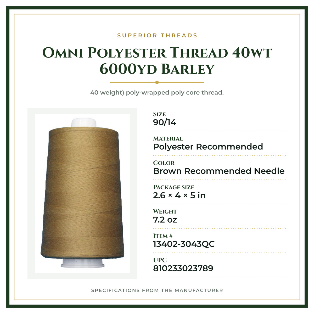 Product Specifications – Omni Polyester Thread 40wt 6000yd Barley