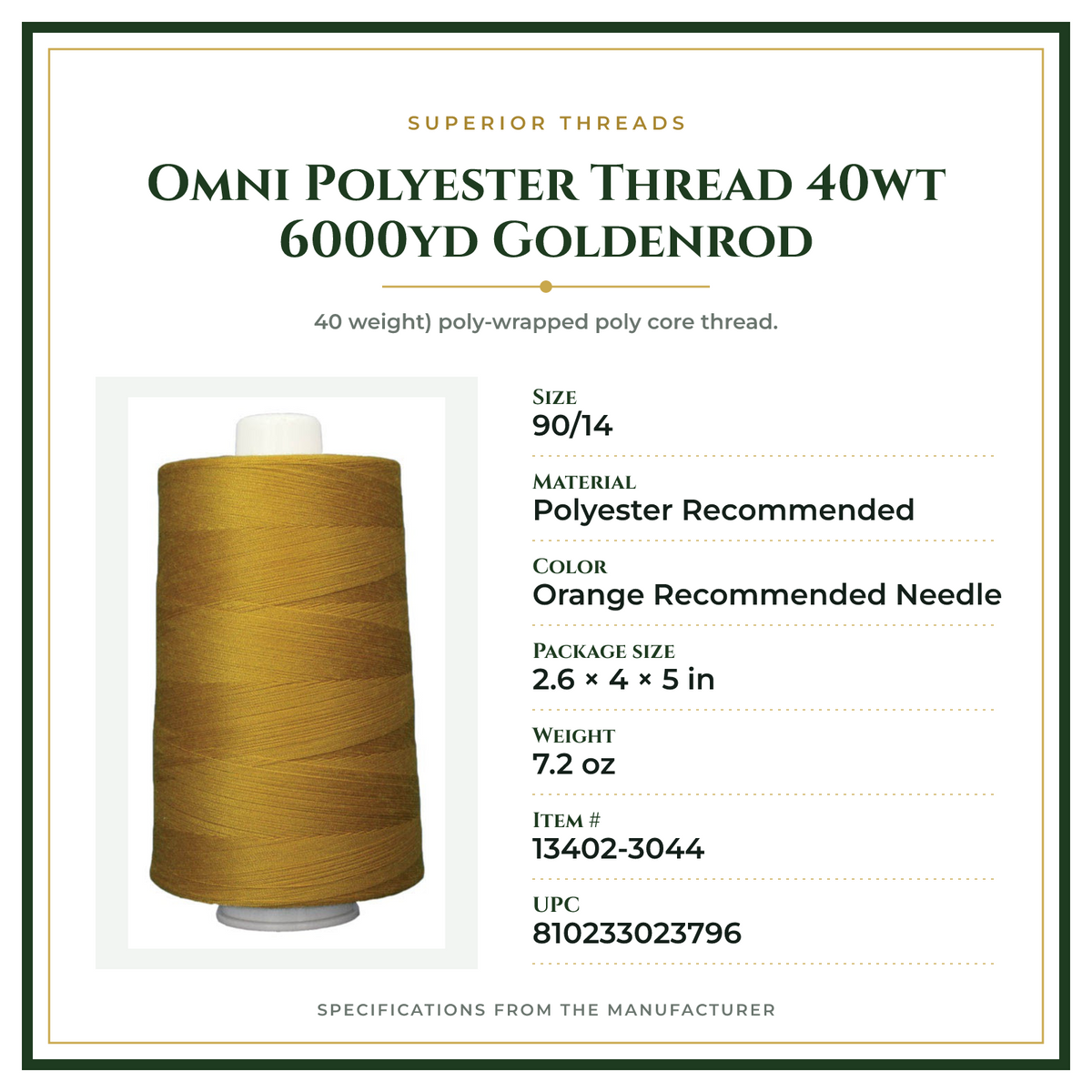 Product Specifications – Omni Polyester Thread 40wt 6000yd Goldenrod