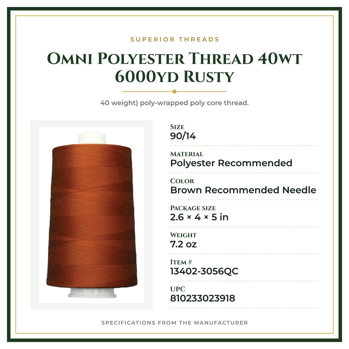 Product Specifications – Omni Polyester Thread 40wt 6000yd Rusty