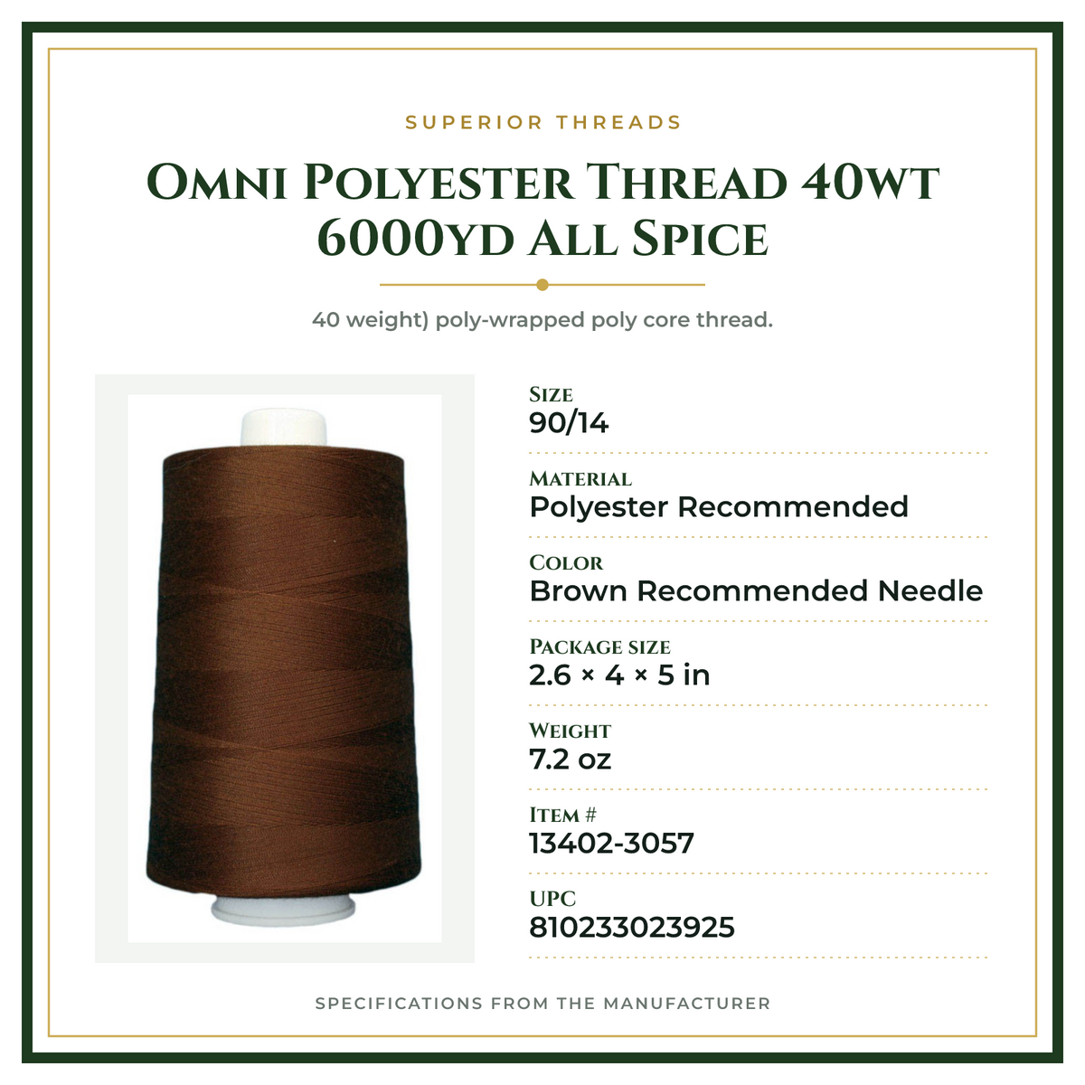 Product Specifications – Omni Polyester Thread 40wt 6000yd All Spice