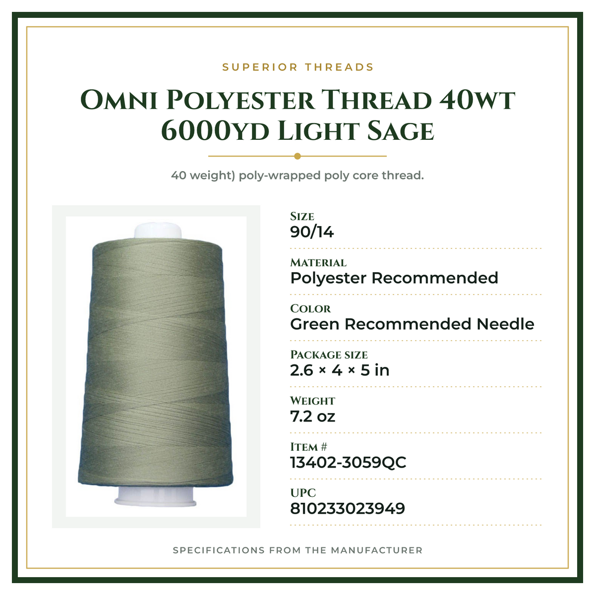 Product Specifications – Omni Polyester Thread 40wt 6000yd Light Sage