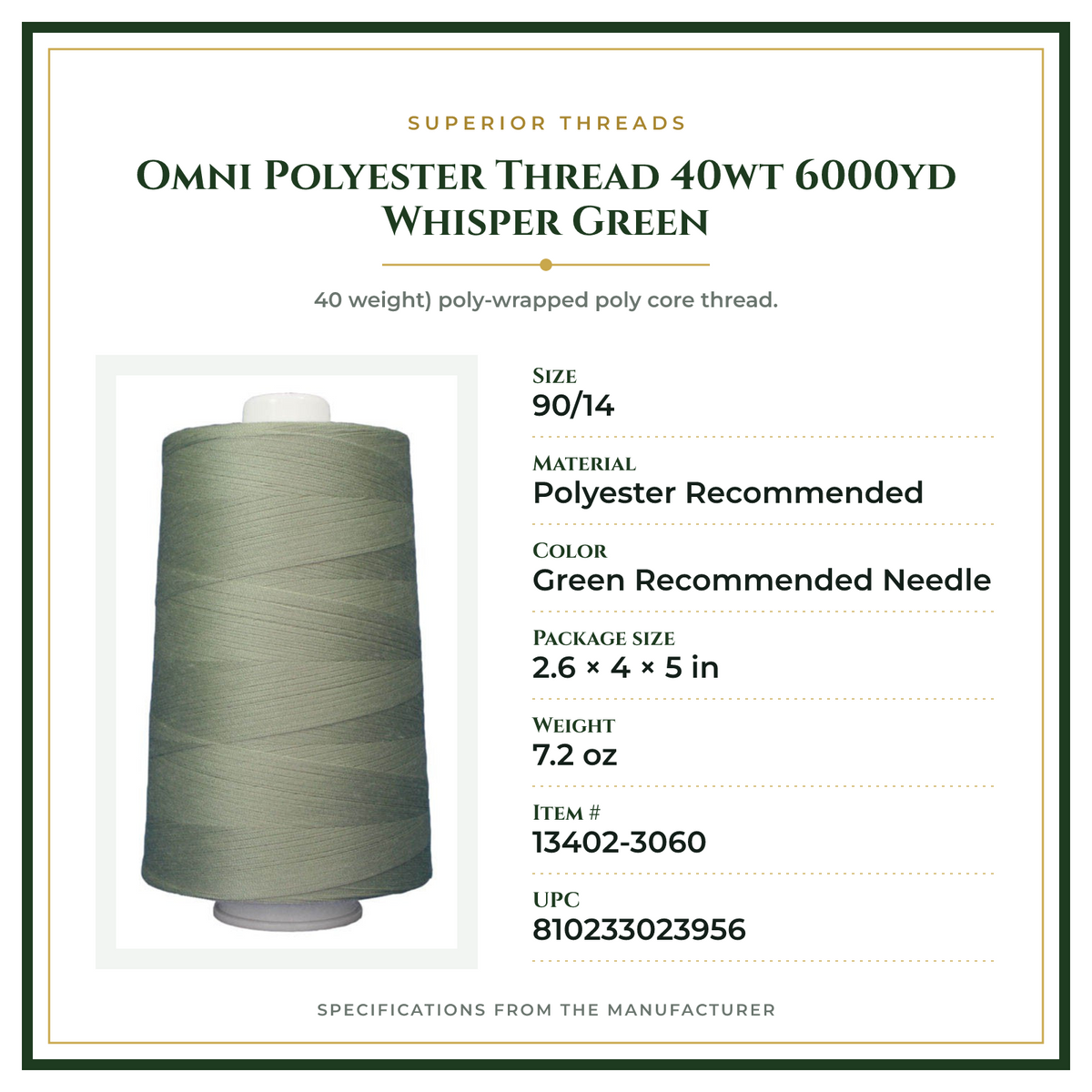 Product Specifications – Omni Polyester Thread 40wt 6000yd Whisper Green