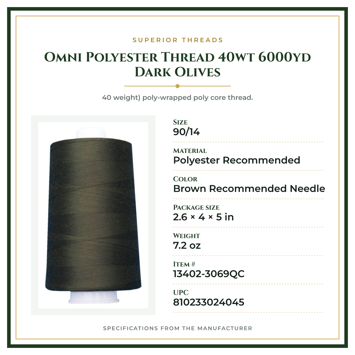 Product Specifications – Omni Polyester Thread 40wt 6000yd Dark Olives
