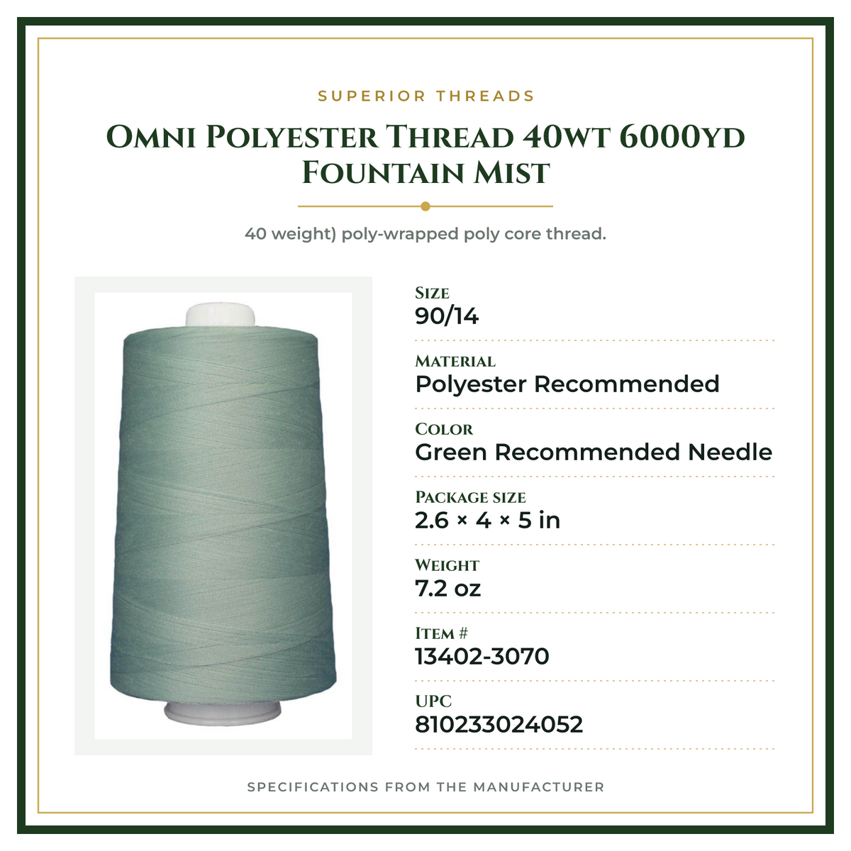 Product Specifications – Omni Polyester Thread 40wt 6000yd Fountain Mist