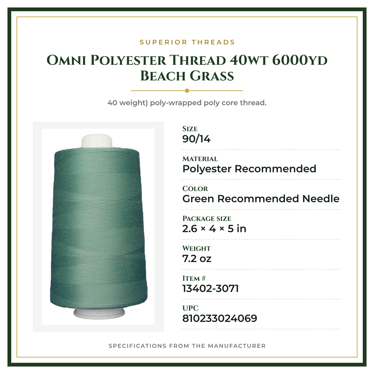 Product Specifications – Omni Polyester Thread 40wt 6000yd Beach Grass