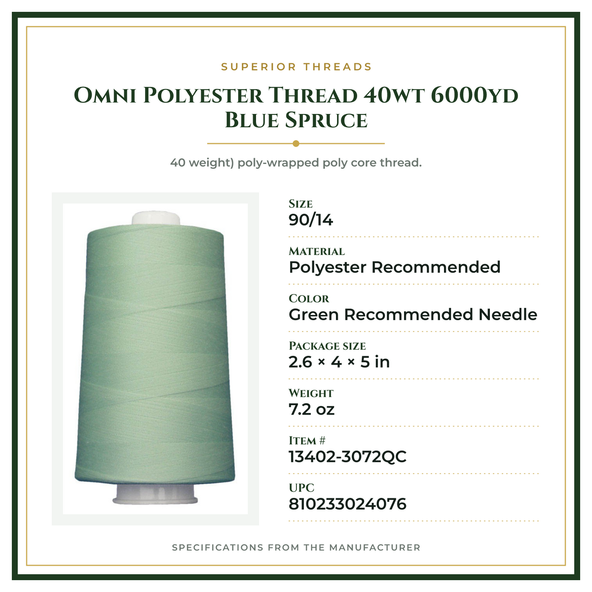 Product Specifications – Omni Polyester Thread 40wt 6000yd Blue Spruce