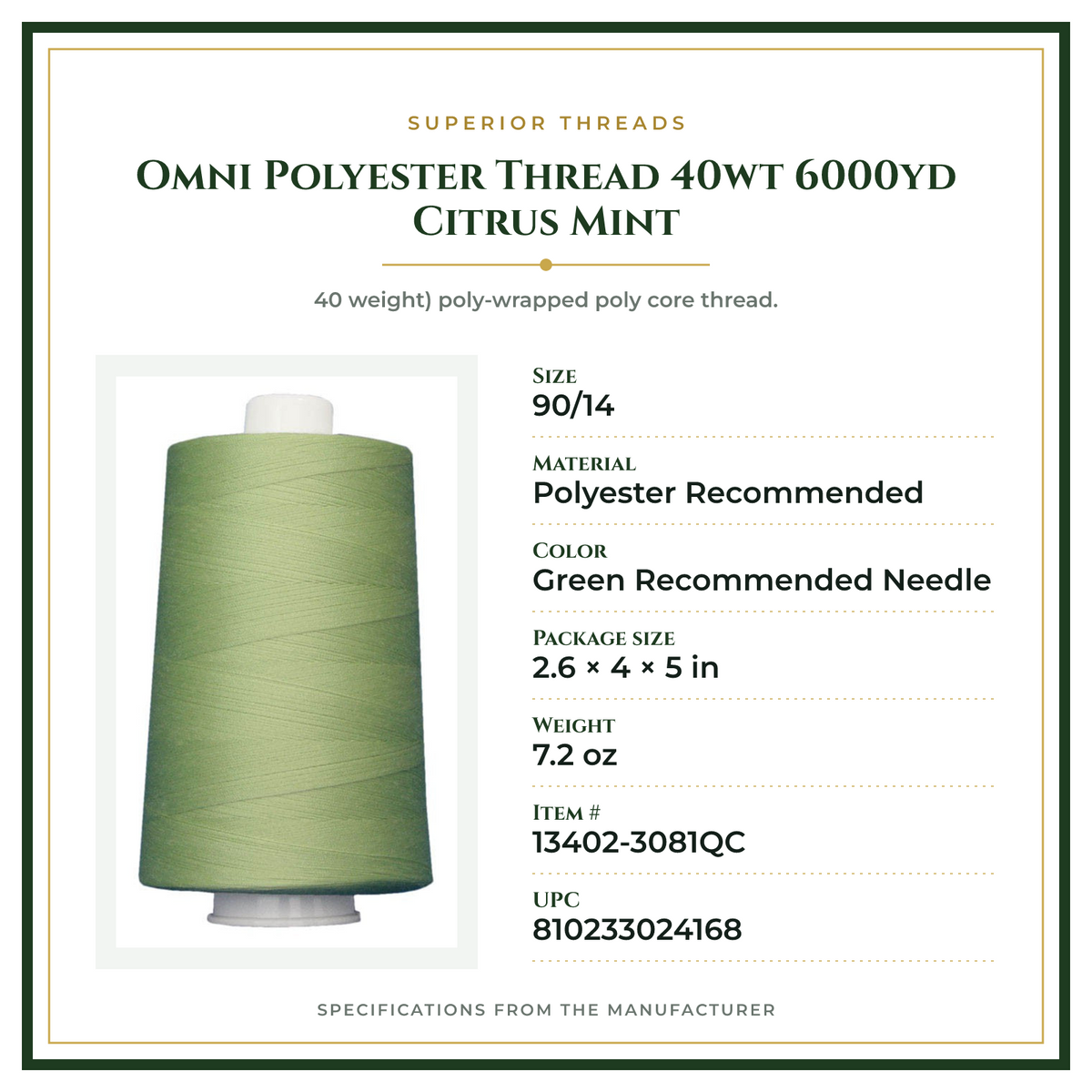 Product Specifications – Omni Polyester Thread 40wt 6000yd Citrus Mint