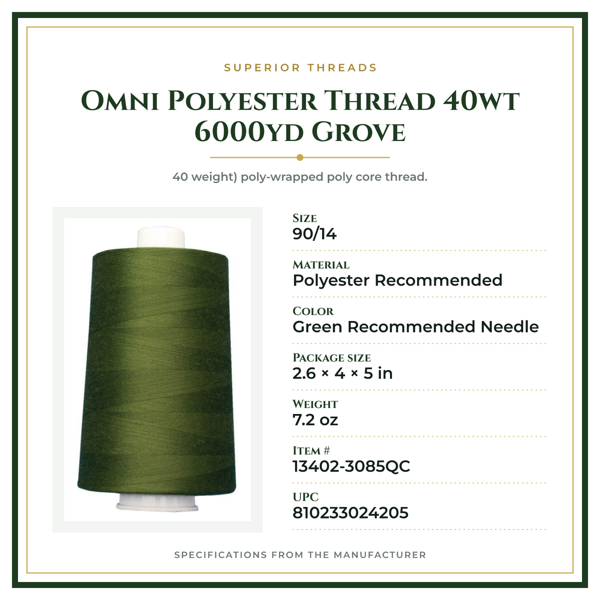 Product Specifications – Omni Polyester Thread 40wt 6000yd Grove