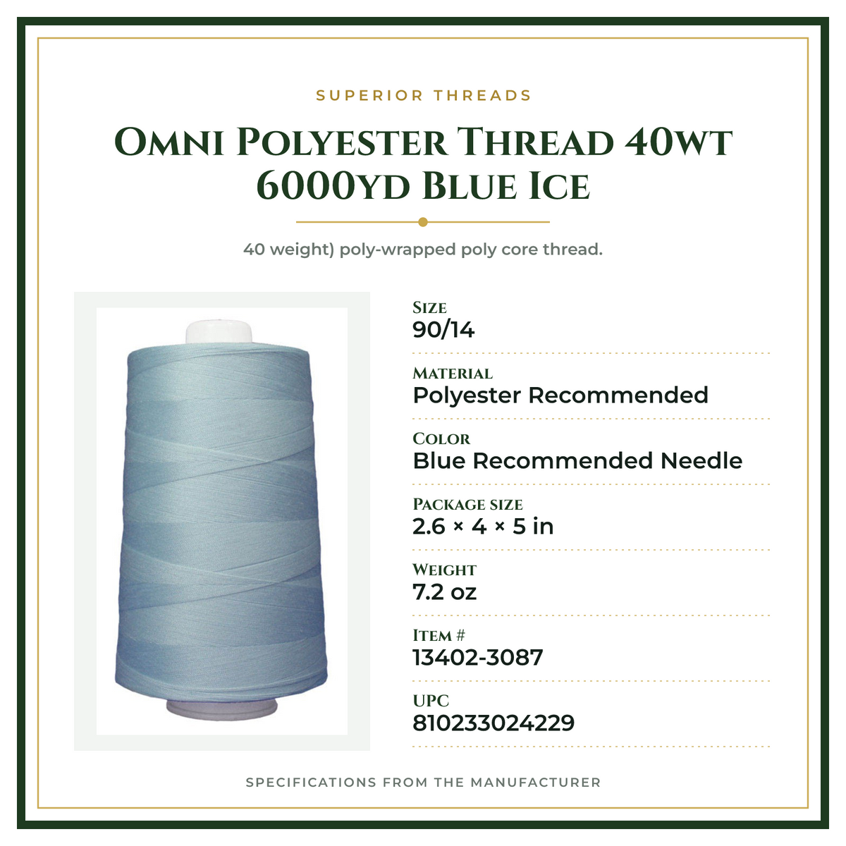 Product Specifications – Omni Polyester Thread 40wt 6000yd Blue Ice