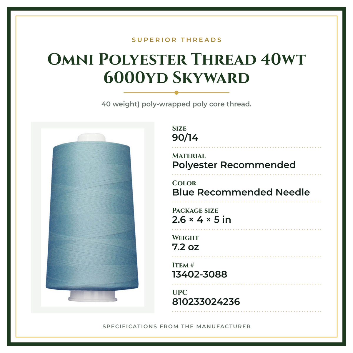Product Specifications – Omni Polyester Thread 40wt 6000yd Skyward
