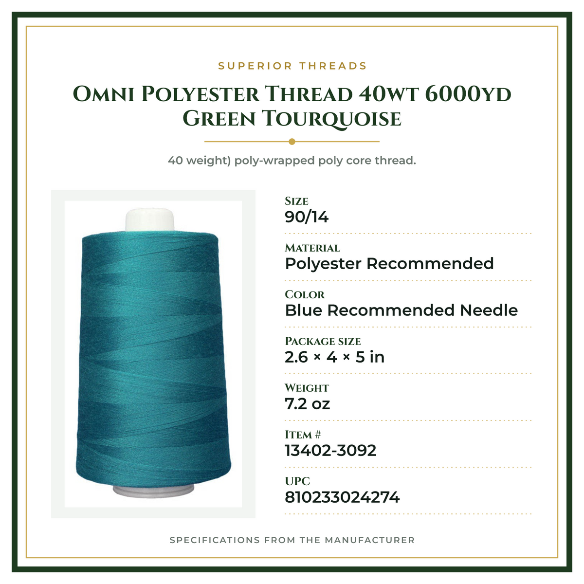 Product Specifications – Omni Polyester Thread 40wt 6000yd Green Tourquoise