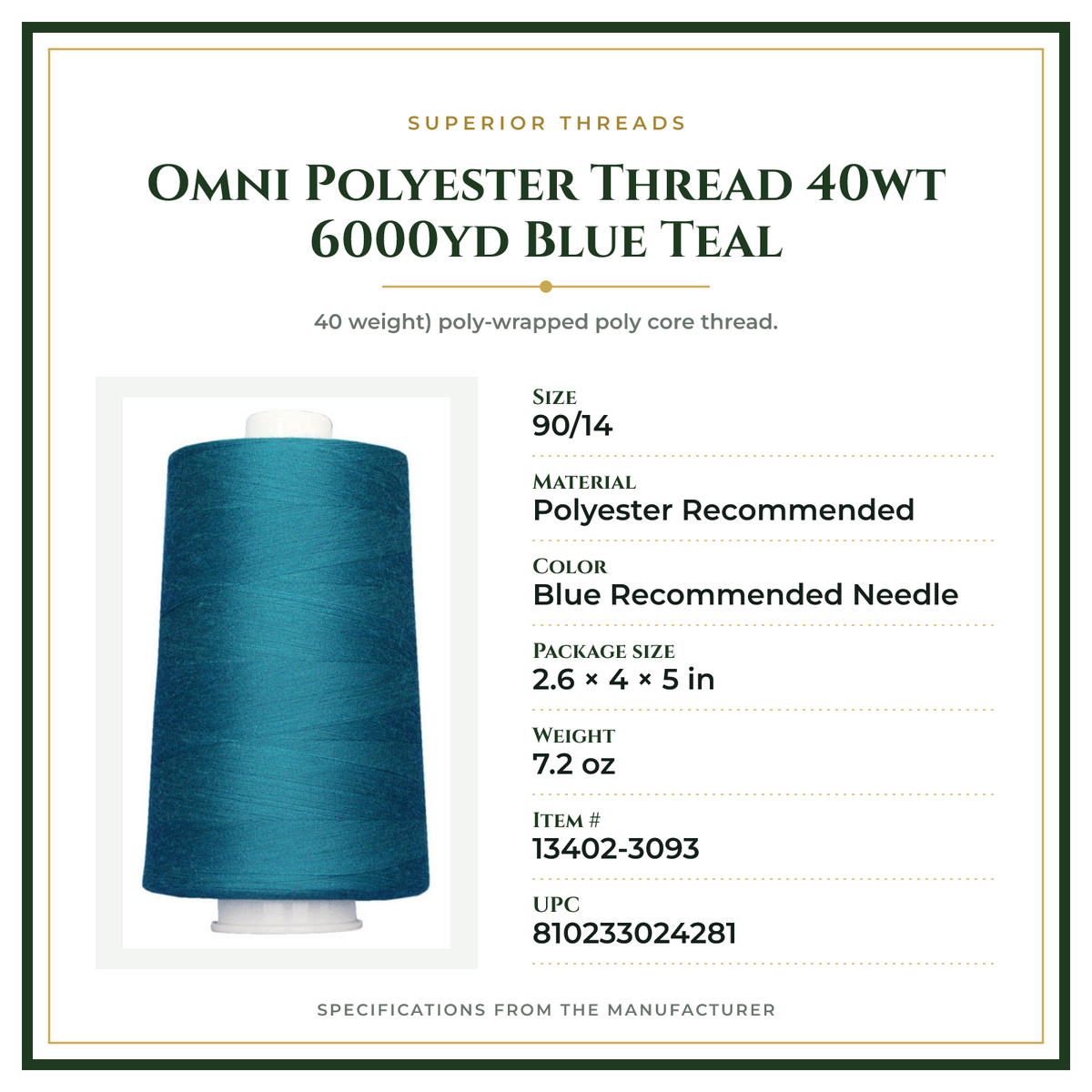 Product Specifications – Omni Polyester Thread 40wt 6000yd Blue Teal