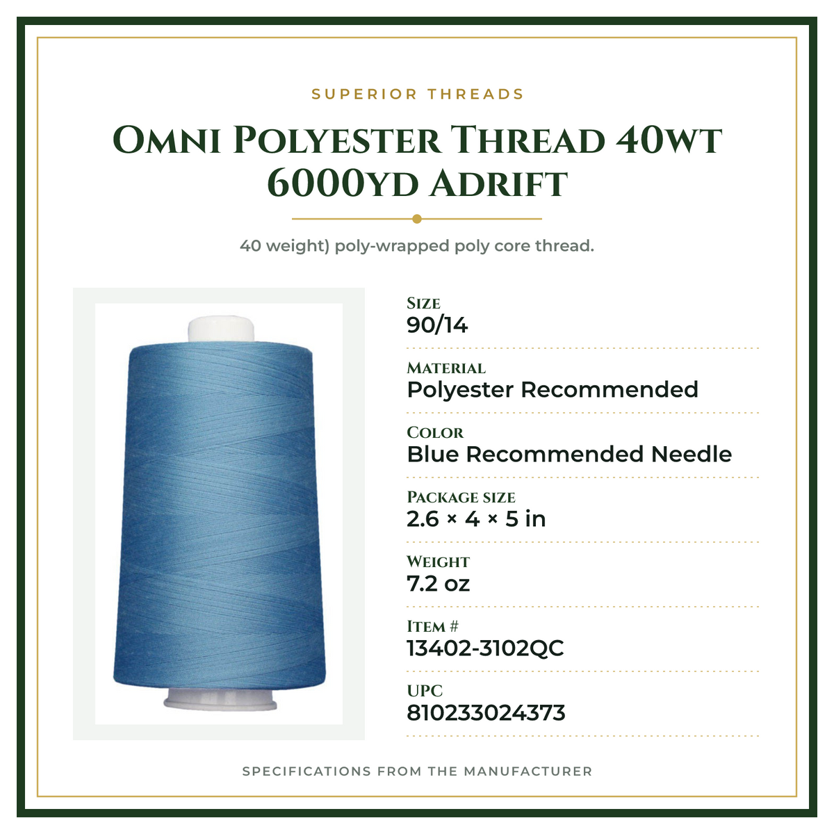 Product Specifications – Omni Polyester Thread 40wt 6000yd Adrift