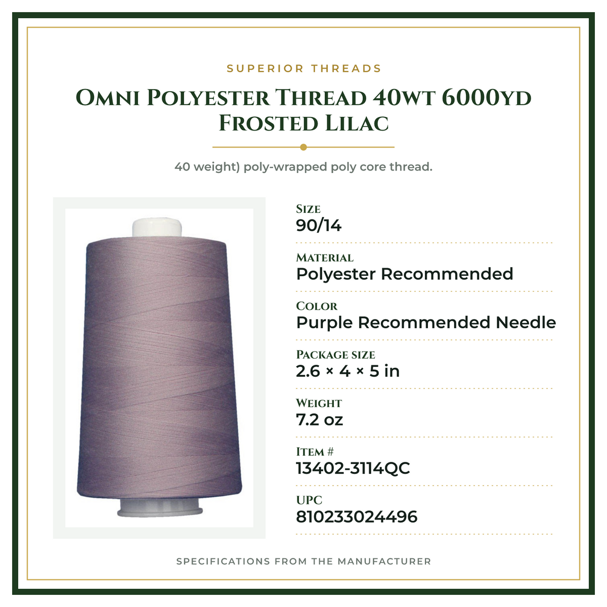 Product Specifications – Omni Polyester Thread 40wt 6000yd Frosted Lilac