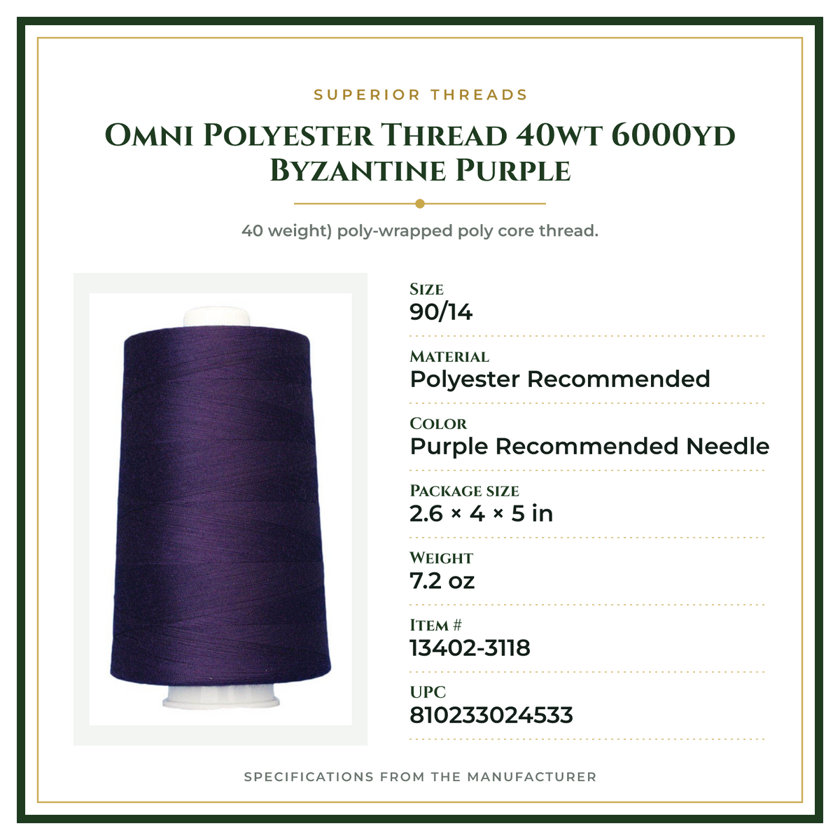 Product Specifications – Omni Polyester Thread 40wt 6000yd Byzantine Purple