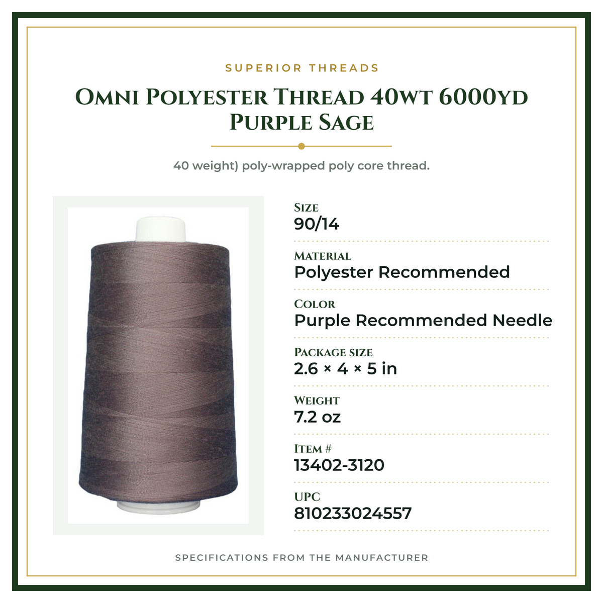 Product Specifications – Omni Polyester Thread 40wt 6000yd Purple Sage