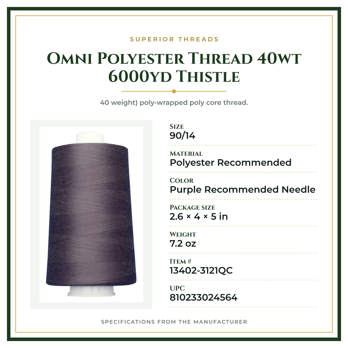 Product Specifications – Omni Polyester Thread 40wt 6000yd Thistle