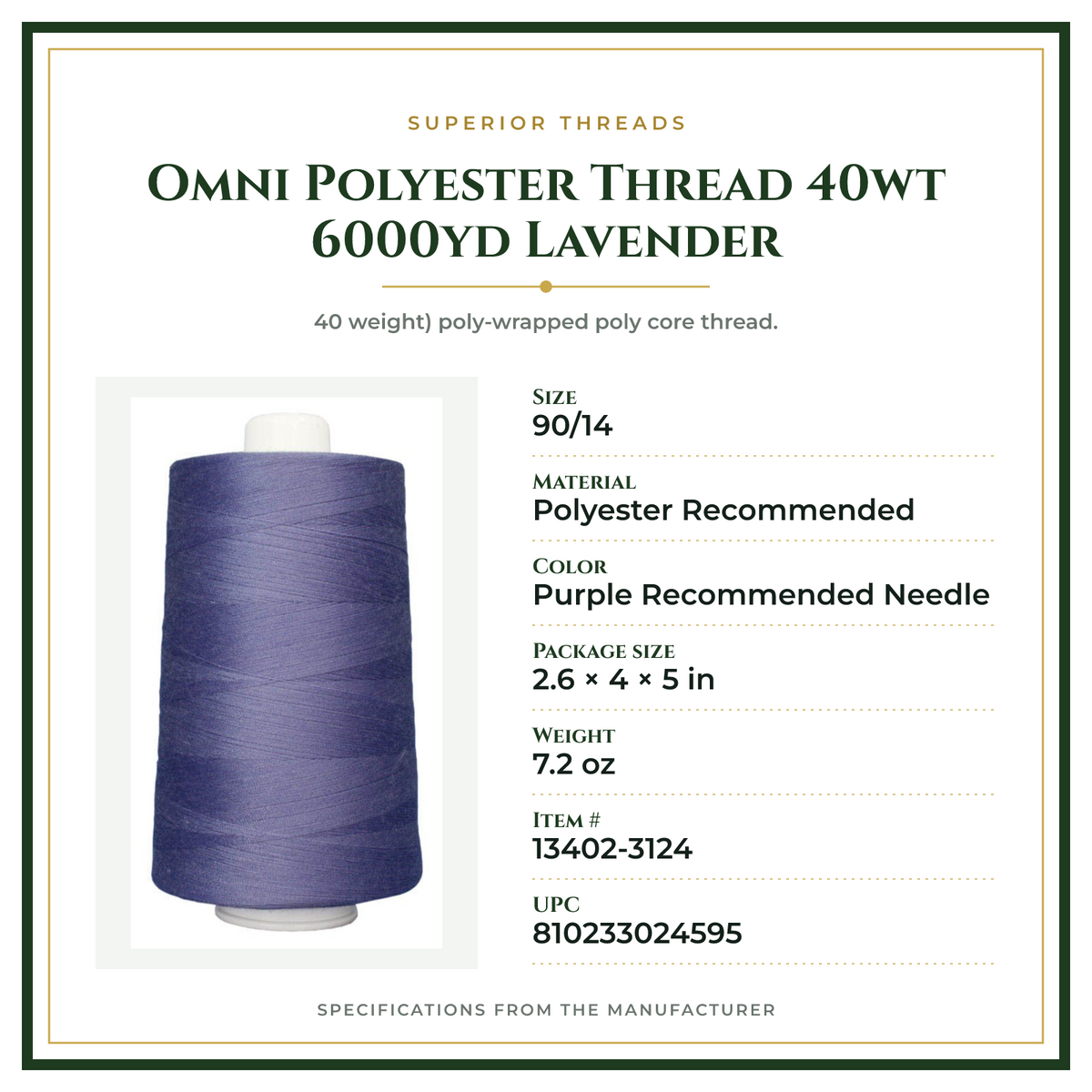 Product Specifications – Omni Polyester Thread 40wt 6000yd Lavender