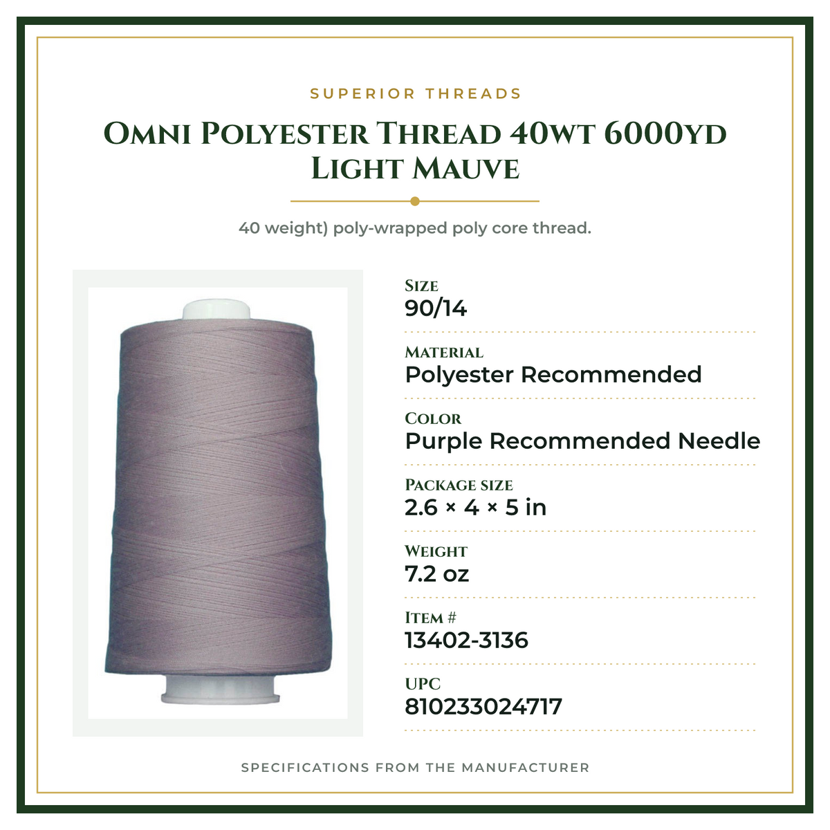 Product Specifications – Omni Polyester Thread 40wt 6000yd Light Mauve