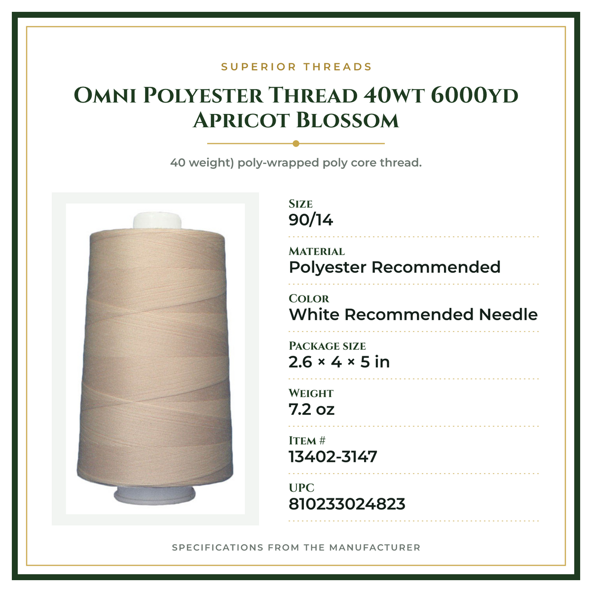 Product Specifications – Omni Polyester Thread 40wt 6000yd Apricot Blossom