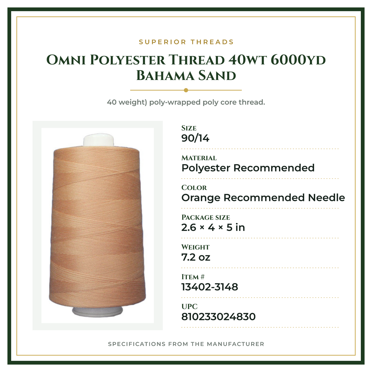 Product Specifications – Omni Polyester Thread 40wt 6000yd Bahama Sand