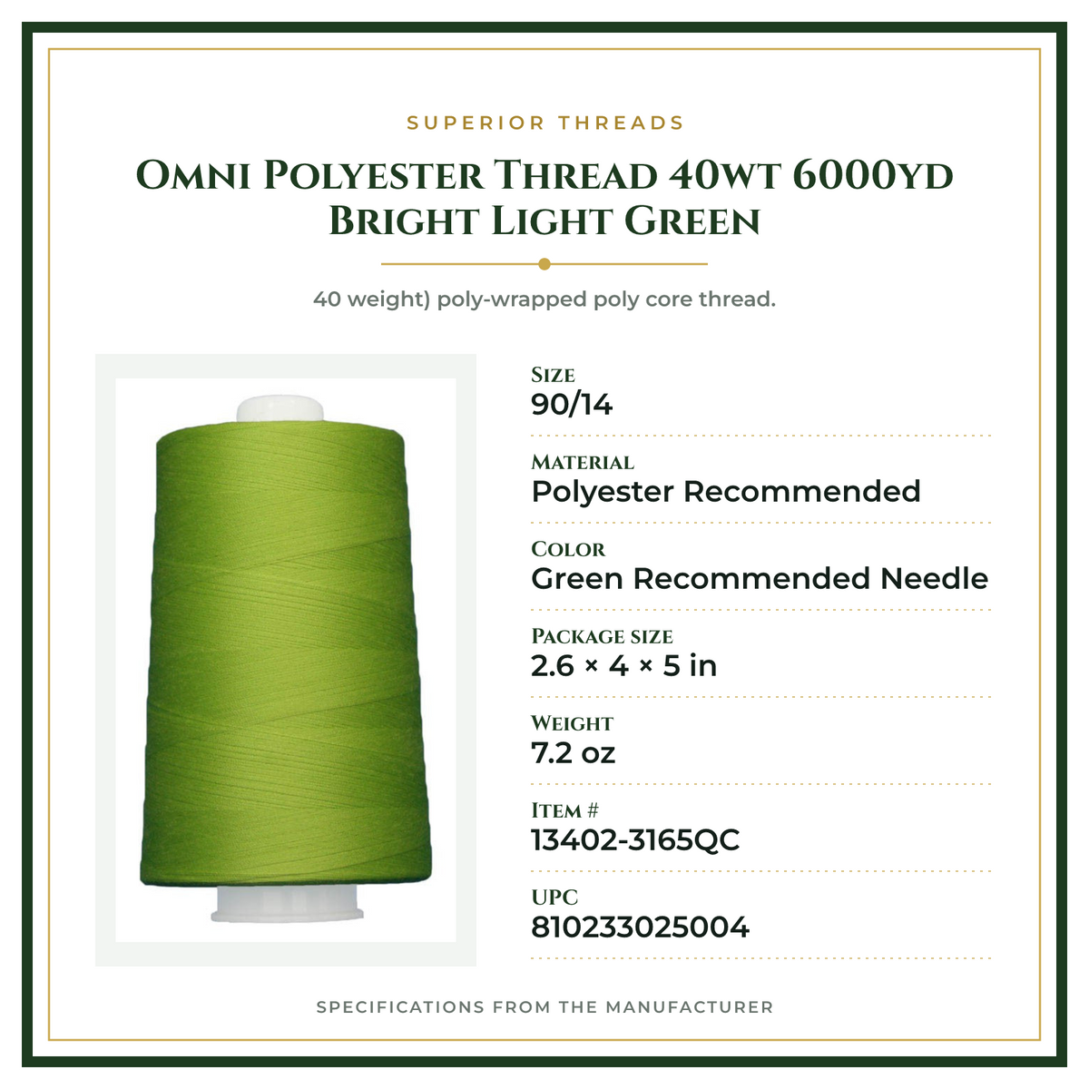Product Specifications – Omni Polyester Thread 40wt 6000yd Bright Light Green